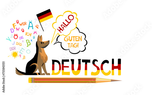 Deutsch. Translation: "German". Learning German. Training concept. Online education concept. German language hand drawn doodles and lettering. Language education Vector illustration.
