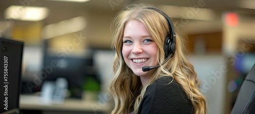 Call center agent with headset working on support hotline in modern office with copy space. Portrait of mature positive agent. AI generated illustration