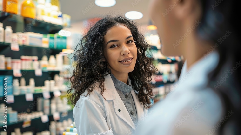 Pharmacist in a pharmacy. providing medication assistance and professional health consultation Pharmacist in a pharmacy. providing medication assistance and professional health consultation