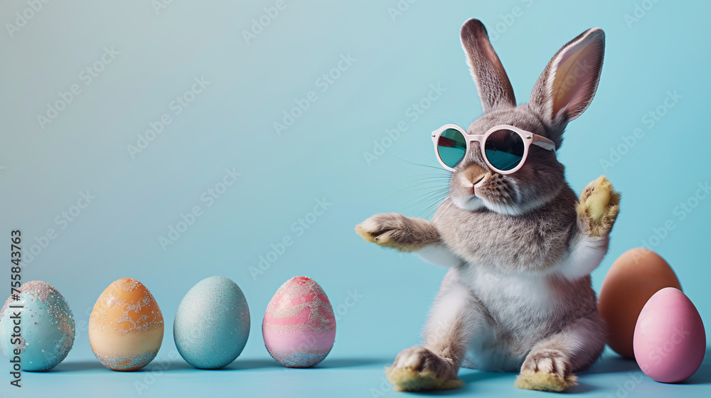 Easter bunny wearing sunglasses and Easter eggs on blue background. - obrazy, fototapety, plakaty 