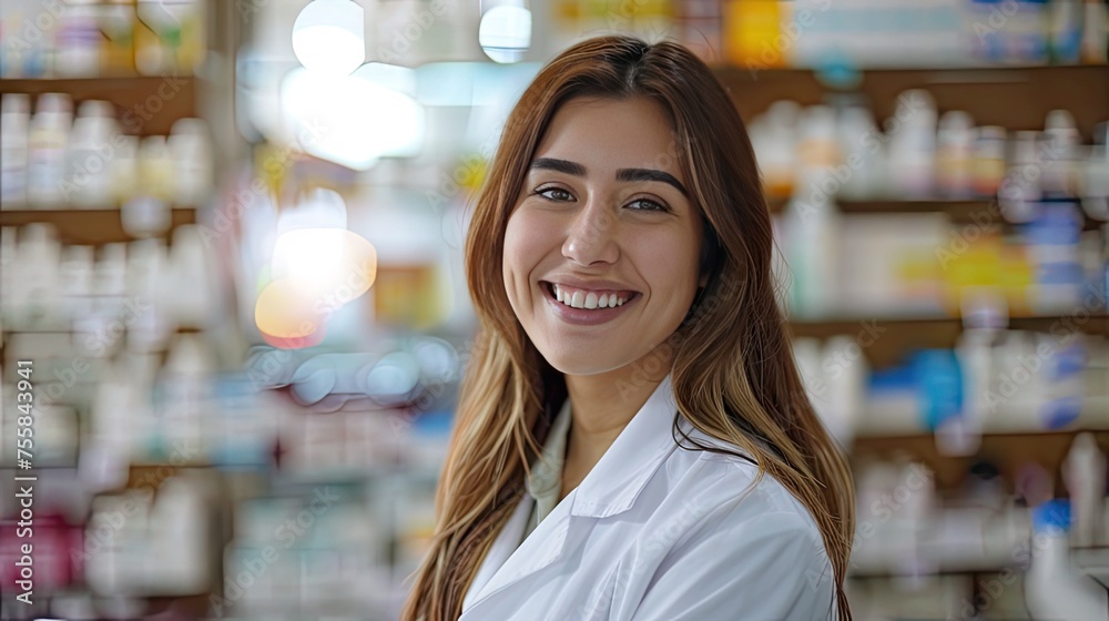 Pharmacist in a pharmacy. providing medication assistance and professional health consultation