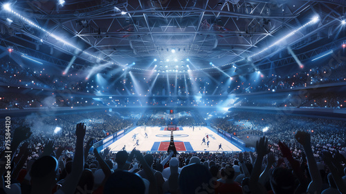 Wide angle of Basketball fans at stadium are cheering for their team .