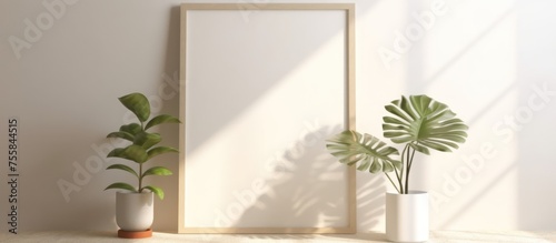 Empty wooden picture frame in empty room white wall background there are tropical plants in flower pots.