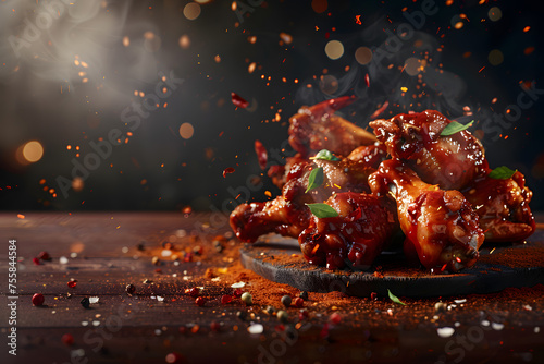 Fresh chicken boned wings in buffalo barbeque, or spicy sauce with flying ingredients and spices hot ready to serve and eat food commercial advertisement