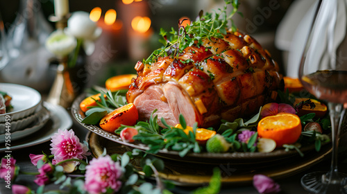 Glazed Easter Ham Adorned with Fresh Herbs on Festive Table.  generative ai