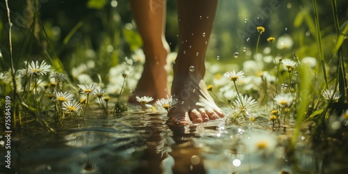 Woman's feet on after-rain grass - just barefoot enjoyment, fusion with nature