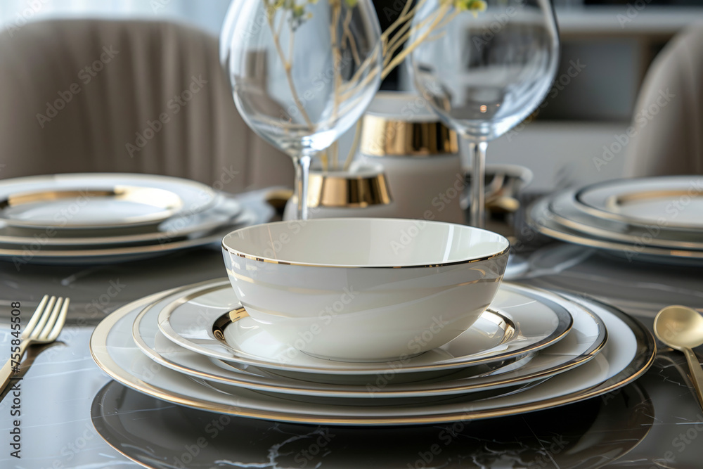 Tableware set with minimalist aesthetics, featuring sleek lines and premium finishes gold accents, luxury dining Tableware set with minimalist aesthetics, featuring sleek lines and premium finishes gold accents, luxury dining