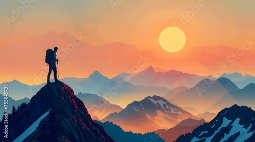 Backpacker at Mountain Summit during Sunrise