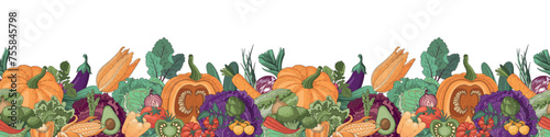 Vegetable horizontal seamless border. A large pattern of vegetables. The design of the lower part of the menu page, website, book, list. Pumpkin, lettuce, cucumbers, tomatoes, other autumn vegetables