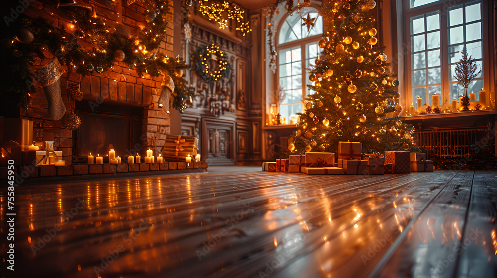 interior christmas. magic glowing tree, fireplace and gifts. generative ai 