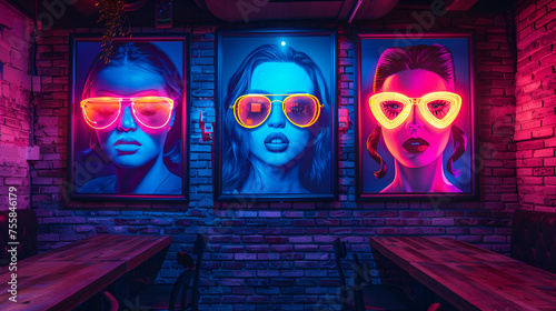 Glowing neon billboard on wall. generative ai 