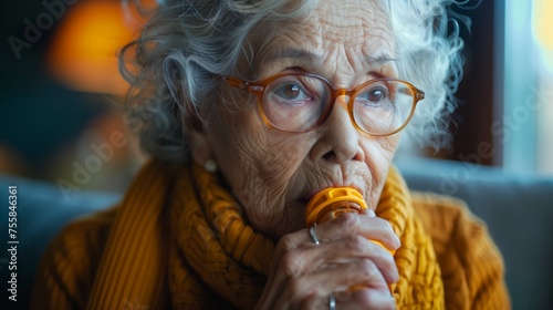 An elderly woman with glasses and a scarf use inhaller  photo