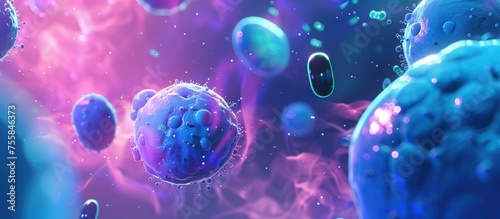 vibrant pink and blue cells in the human body surrounded by dark spheres representing cancer cell explosions, creating an atmosphere of mystery and intrigue