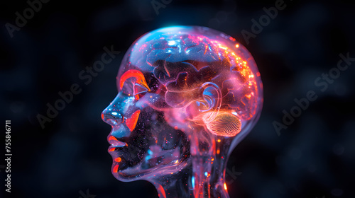 Transparent human head with brain showing. Digital art illustration with a futuristic feel. Concept of artificial intelligence and cognitive science for poster, educational, and technological design