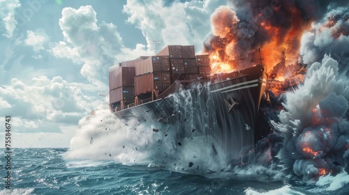 maritime emergency with a cargo ship explosion, showcasing the intense fire and smoke. Emphasize the risks and challenges in shipping logistics."