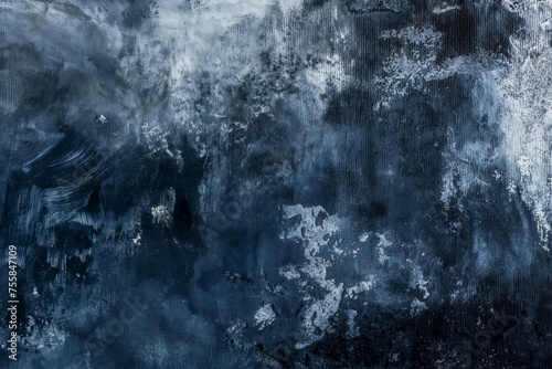 A textured abstract painting with deep blues and grays, evoking a tumultuous sea or stormy night sky.