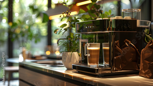 Coffee machine on kitchen counter in house building