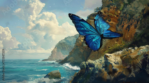 Against a backdrop of ochre cliffs and azure waters, a blue butterfly dances in the sea breeze, a fleeting moment of beauty in a rugged coastal landscape.