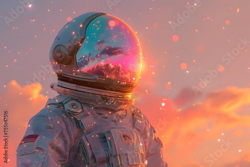 Astronaut Walking into the Sunset in a Colorful Psychedelic Palette © vanilnilnilla