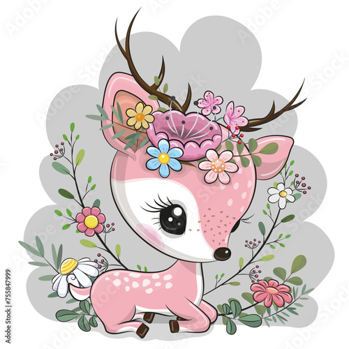 Cute Cartoon Pink Deer with flowers