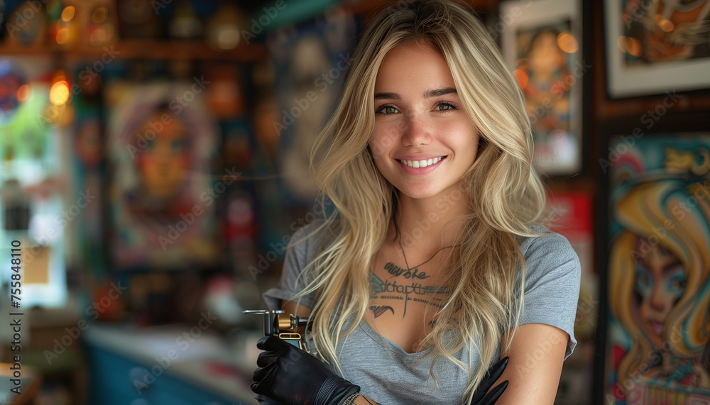 Blonde Tattoo Artist Mastering Her Craft in the Tattoo Salon: Portrait of a Talented Female Tattooist Creating Artistic Designs