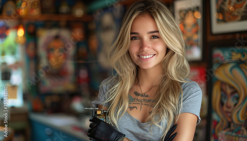 Blonde Tattoo Artist Mastering Her Craft in the Tattoo Salon: Portrait of a Talented Female Tattooist Creating Artistic Designs