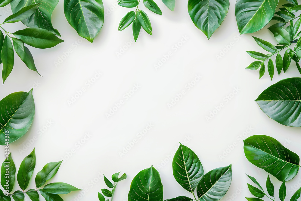 Hand-Drawn Green Leaves with Light Gold Frame on White Background
