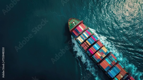 Logistics from Above: Aerial top view of a container ship, symbolizing the interconnectedness of global trade and efficient logistics. vastness and precision of maritime commerce.