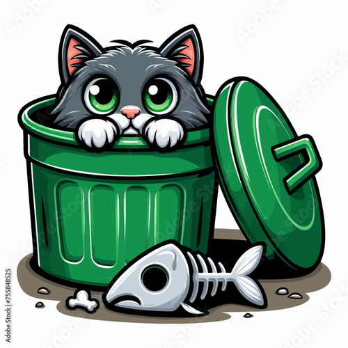 Cat looking out trash can vector illustration 