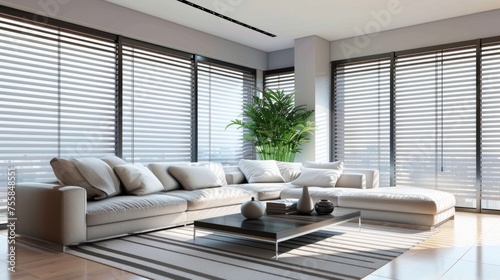 Luxury Apartment Living Room with Modern Blinds and Stylish Furniture. Three-dimensional Render of Sofa and Couch in Room Interior