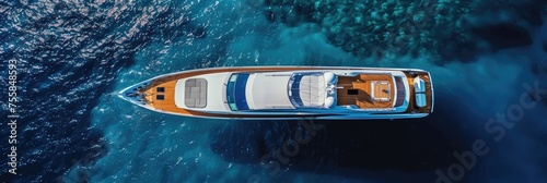 Luxury Yacht Anchored in Open Sea. Aerial Drone Top-Down Photo of Wooden Deck Yacht in Blue Ocean Water - Perfect for Cruise and Travel Ads © Web
