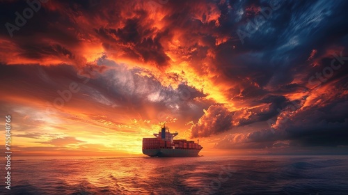 container cargo ship at sunset on the ocean with a dramatic sky background