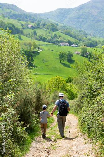Father  and his little son (unrecognizable; back view) hiking in picturesque French Basque country. France travel, beautiful nature landscapes,  active natural lifestyle concepts.