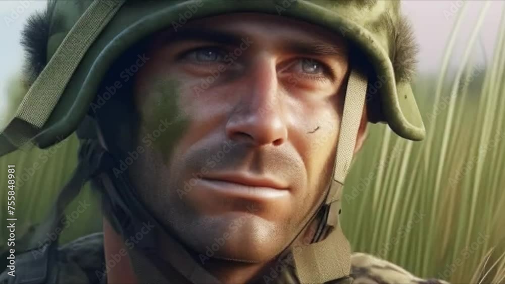 A man in the uniform of an American soldier sits in an ambush in a green field. Close up of a man's face. Memorial Day. Independence Day in America. July 4 A man in the uniform of an American soldier sits in an ambush in a green field. Close up of a man's face. Memorial Day. Independence Day in America. July 4