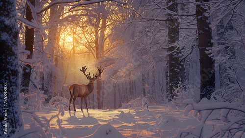 As twilight descends upon the forest, a noble deer emerges, its coat reflecting the soft hues of a dusky sky. 