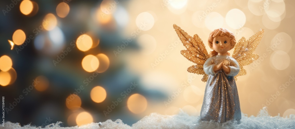 A mythical creature with wings, an angel, is standing in front of a Christmas tree in the snow. This supernatural event brings happiness and magic to the scene A mythical creature with wings, an angel, is standing in front of a Christmas tree in the snow. This supernatural event brings happiness and magic to the scene