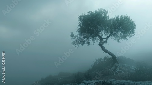 Mysterious and Moody  Isolated Tree in a Gloomy Landscape Shrouded in Fog
