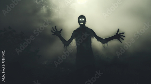 Scary monster in the dark fog. Monster in the mist. A moving skeleton.