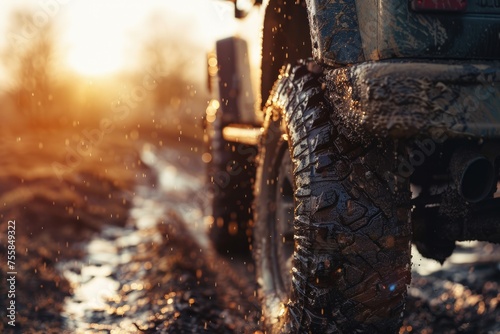 Off-Road Adventure: Warm Light and Mud-Covered Tires on Dirt Road with Vehicle