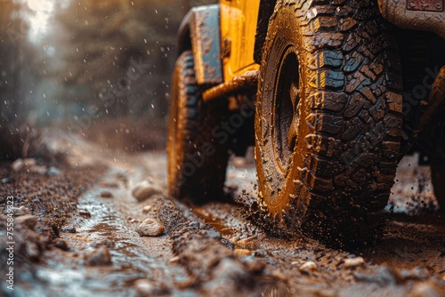 Off-Road Vehicle on Dirt Road with Warm Light. Adventure Concept with Mud-Covered Tire. Stock Image for Outdoor Enthusiasts