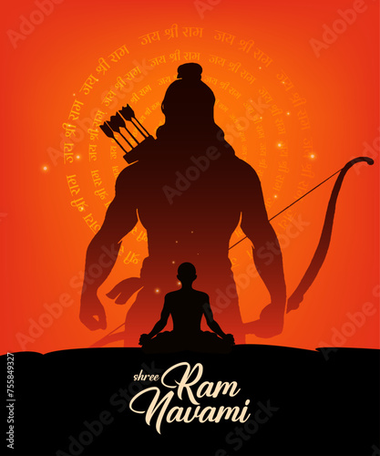 Shree Ram Navami, vector Illustration, the silhouette of Lord Ram bow arrow and Ayodhya Ram temple background, Social media post, Poster, and, Banner design template.