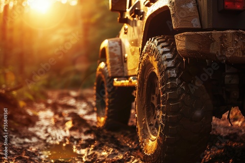 Off-Road Vehicle on Dirt Road. Adventure Concept with Warm Light and Mud-Covered Tire. Outdoors Experience