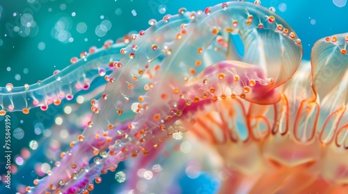 photography of a colorful Jellyfish Tentacles - Close-up of the delicate tentacles of a jellyfish underwater made out jewels
