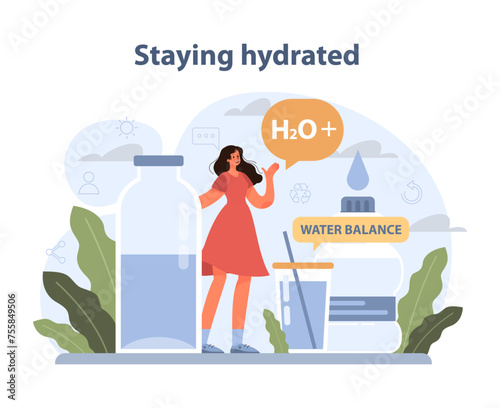 Staying Hydrated theme. A woman highlights the benefits of water intake for maintaining.