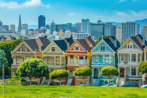 Painted Ladies - Iconic Frisco Landmark Houses with Skyline in the Background - Tourist Attraction during Summer