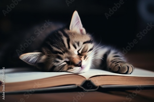 Funny little kitten sleeping on book on dark background. World book day. Education and study, kitten student, exam preparation. Bestseller, bookstore creative concept 