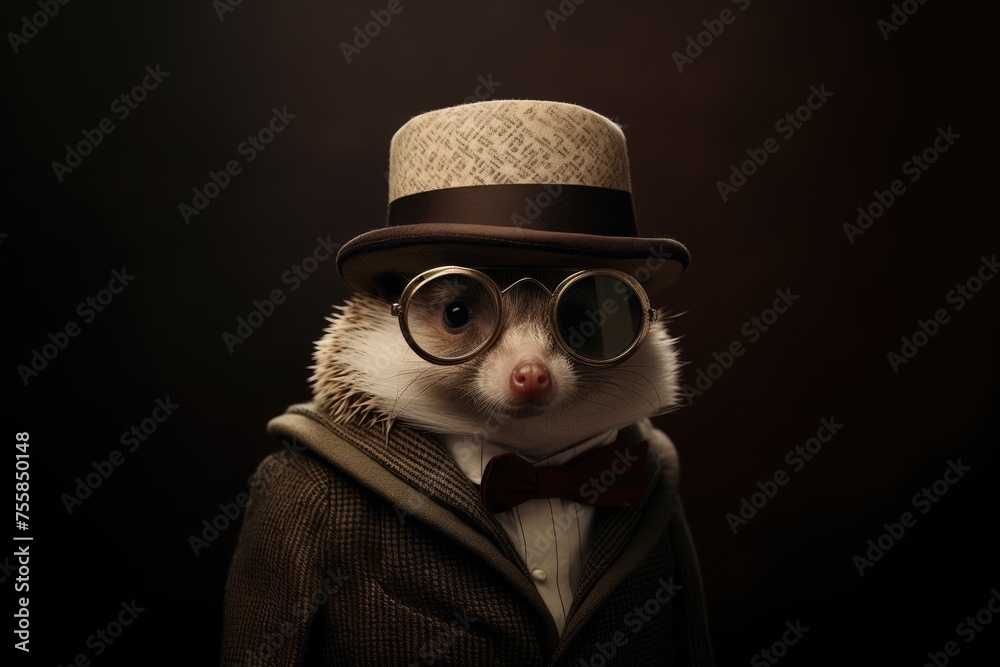 Obraz premium Monsieur hedgehog wearing a suit, cylinder hat and glasses. Old fashion. Anthropomorphic animal character in steampunk style