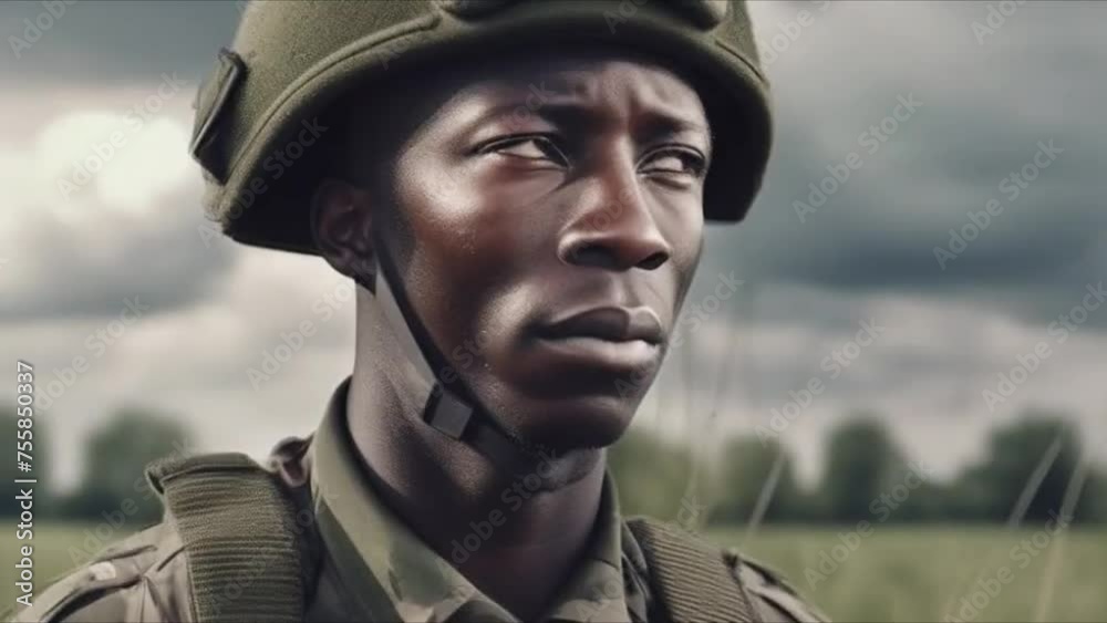 African American male wearing the uniform of an American soldier sits in ambush in a green field. Close-up of the man's face. Memorial Day. Independence Day in America. July 4