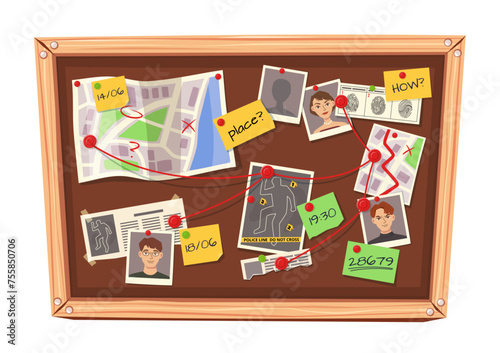Detective board. Mystery investigation cork board with clues, marked maps, suspect photographs, evidence fingerprints, time notes, and crime scene information