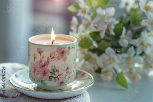 Tea Cup With Lit Candle on Saucer